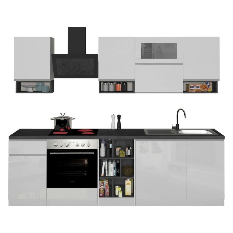 Cucina Bianco Lucido Grigio Ardesia Con cassetti, Elettrodomestici non inclusi, Modulabile Made in Italy - Attiko