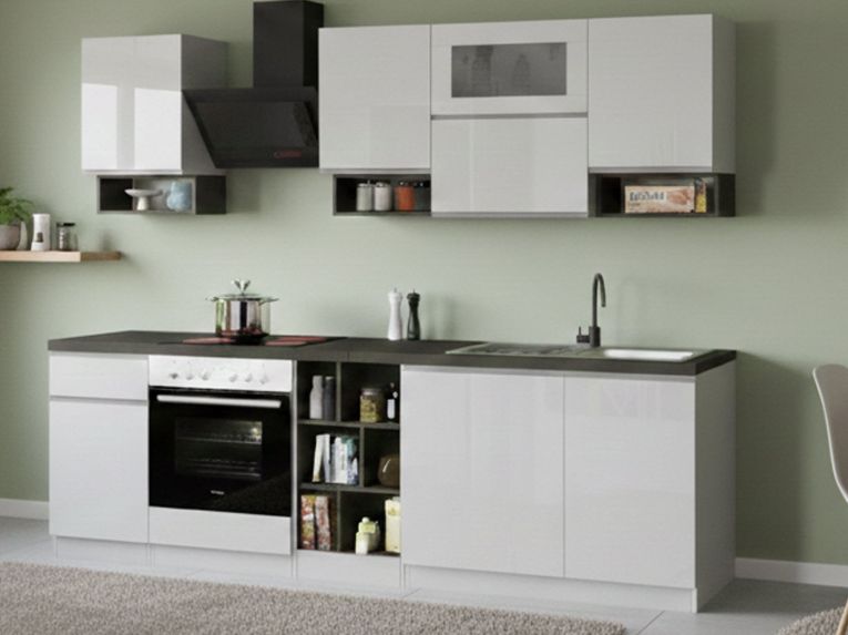 Cucina Bianco Lucido Grigio Ardesia Con cassetti, Elettrodomestici non inclusi, Modulabile Made in Italy - Attiko