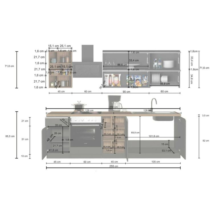 Cucina Bianco Lucido Grigio Ardesia Con cassetti, Elettrodomestici non inclusi, Modulabile Made in Italy - Fonti