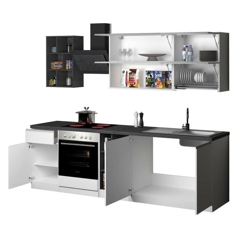Cucina Bianco Lucido Grigio Ardesia Con cassetti, Elettrodomestici non inclusi, Modulabile Made in Italy - Fonti