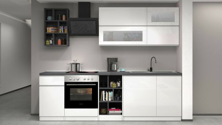 Cucina Bianco Lucido Grigio Ardesia Con cassetti, Elettrodomestici non inclusi, Modulabile Made in Italy - Fonti