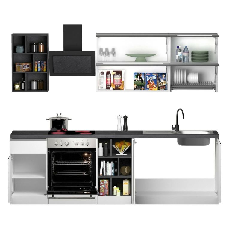 Cucina Bianco Lucido Grigio Ardesia Con cassetti, Elettrodomestici non inclusi, Modulabile Made in Italy - Fonti