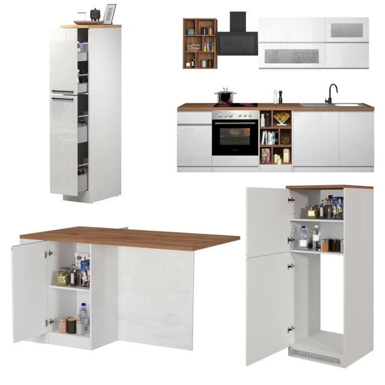 Cucina Bianco Lucido Marrone Rovere Componibile Con cassetti, Elettrodomestici non inclusi, Made in Italy - Armend