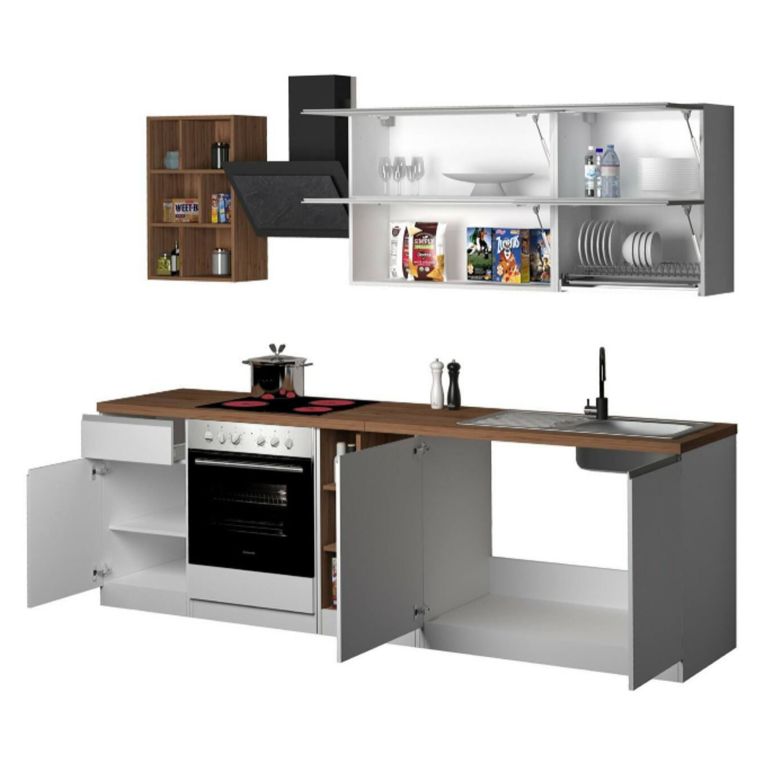 Cucina Bianco Lucido Marrone Rovere Componibile Con cassetti, Elettrodomestici non inclusi, Made in Italy - Armend
