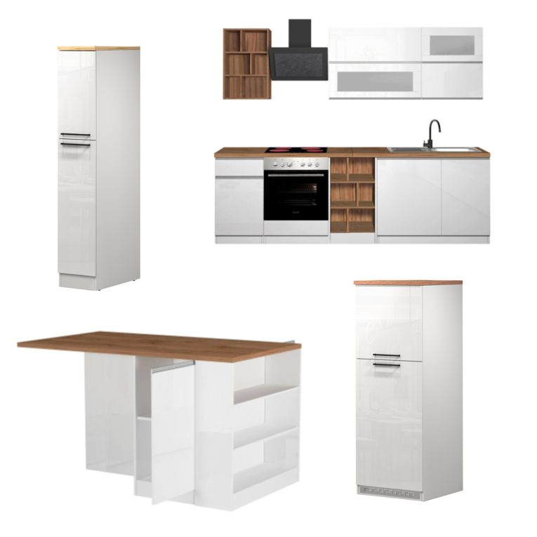 Cucina Bianco Lucido Marrone Rovere Componibile Con cassetti, Elettrodomestici non inclusi, Made in Italy - Armend