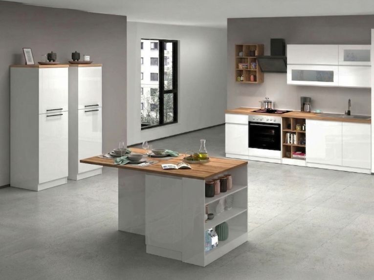 Cucina Bianco Lucido Marrone Rovere Componibile Con cassetti, Elettrodomestici non inclusi, Made in Italy - Armend