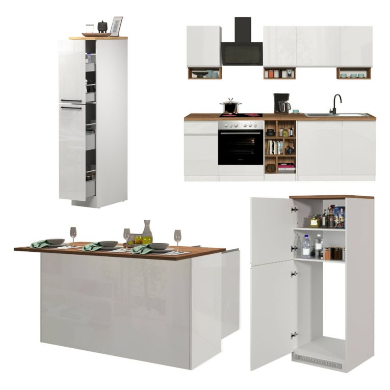 Cucina Bianco Lucido Marrone Rovere Con cassetti, Elettrodomestici non inclusi, Componibile Made in Italy - Armend