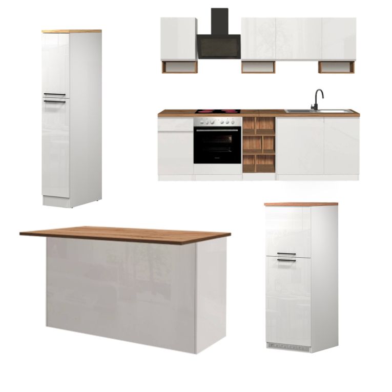 Cucina Bianco Lucido Marrone Rovere Con cassetti, Elettrodomestici non inclusi, Componibile Made in Italy - Armend