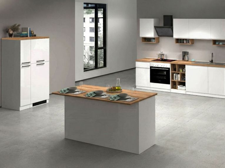 Cucina Bianco Lucido Marrone Rovere Con cassetti, Elettrodomestici non inclusi, Componibile Made in Italy - Armend