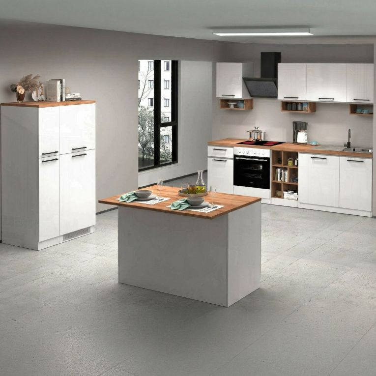 Cucina Bianco Lucido Marrone Rovere Con cassetti, Elettrodomestici non inclusi, Modulabile Made in Italy - Armend