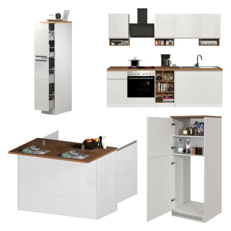 Cucina Bianco Lucido Marrone Rovere Con cassetti, Elettrodomestici non inclusi, Modulabile Made in Italy - Armend