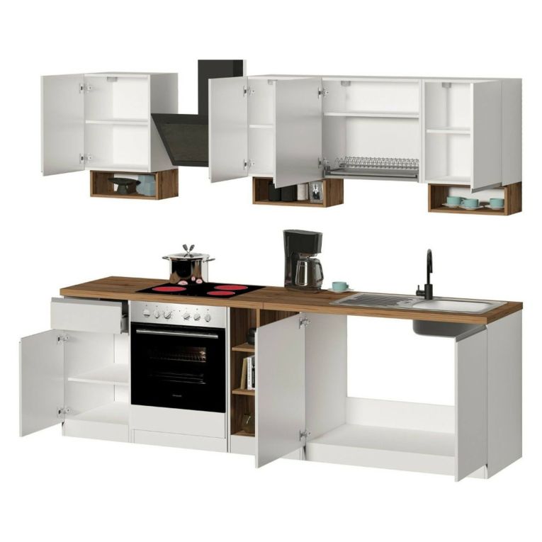 Cucina Bianco Lucido Marrone Rovere Con cassetti, Elettrodomestici non inclusi, Modulabile Made in Italy - Armend