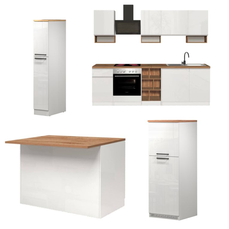 Cucina Bianco Lucido Marrone Rovere Con cassetti, Elettrodomestici non inclusi, Modulabile Made in Italy - Armend