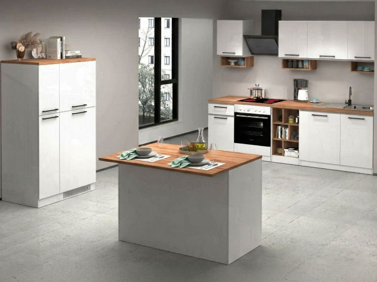 Cucina Bianco Lucido Marrone Rovere Con cassetti, Elettrodomestici non inclusi, Modulabile Made in Italy - Armend