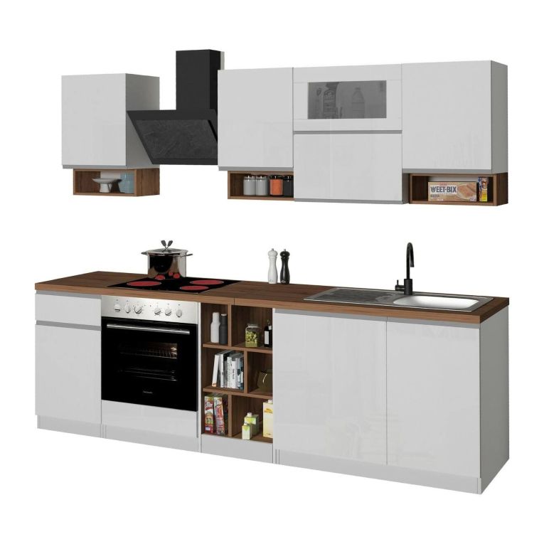 Cucina Bianco Lucido Marrone Rovere Con cassetti, Elettrodomestici non inclusi, Modulabile Made in Italy - Attiko