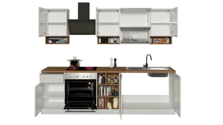 Cucina Bianco Lucido Marrone Rovere Con cassetti, Elettrodomestici non inclusi, Modulabile Made in Italy - Attiko