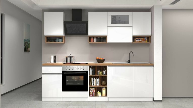 Cucina Bianco Lucido Marrone Rovere Con cassetti, Elettrodomestici non inclusi, Modulabile Made in Italy - Attiko