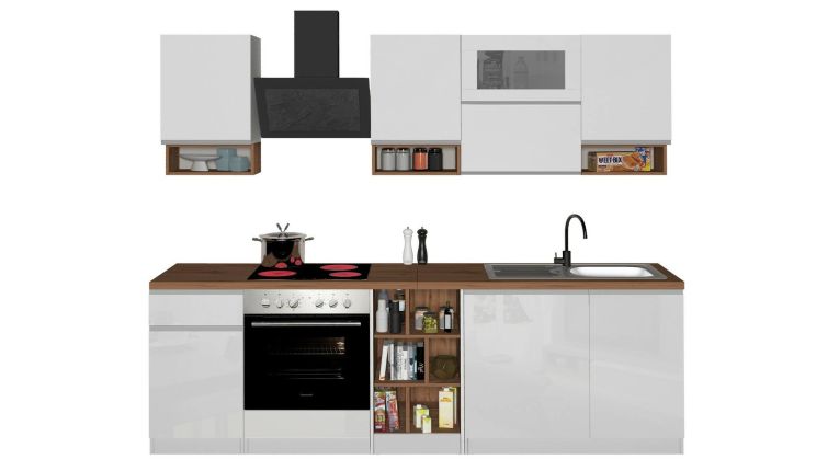 Cucina Bianco Lucido Marrone Rovere Con cassetti, Elettrodomestici non inclusi, Modulabile Made in Italy - Attiko