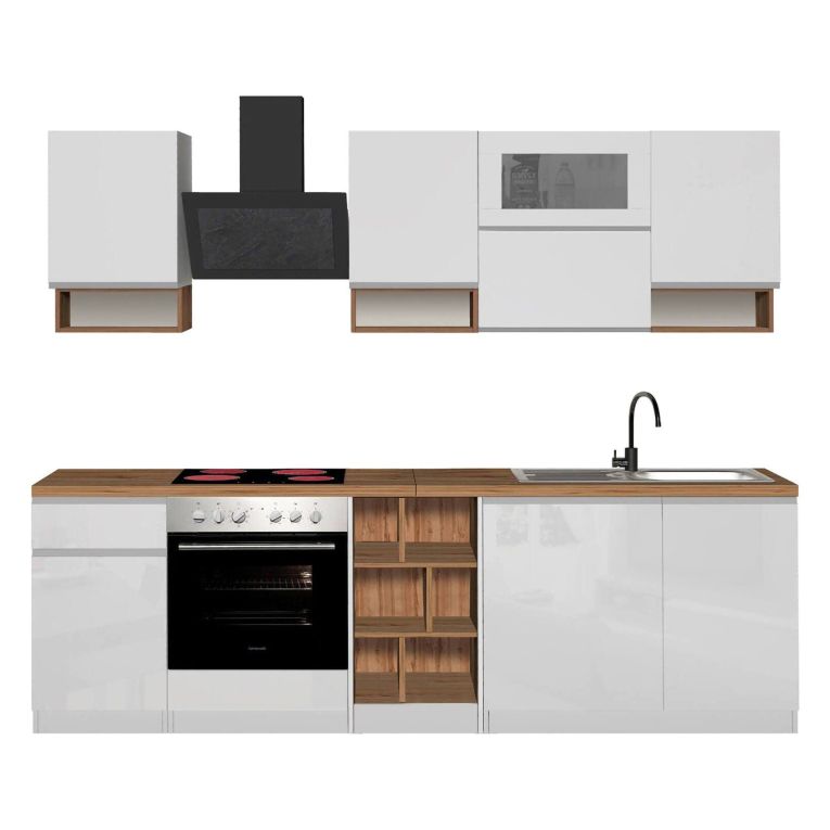 Cucina Bianco Lucido Marrone Rovere Con cassetti, Elettrodomestici non inclusi, Modulabile Made in Italy - Attiko