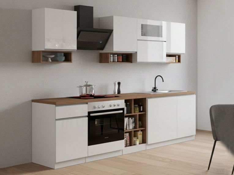 Cucina Bianco Lucido Marrone Rovere Con cassetti, Elettrodomestici non inclusi, Modulabile Made in Italy - Attiko