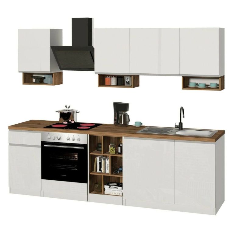 Cucina Bianco Lucido Marrone Rovere Con cassetti, Elettrodomestici non inclusi, Modulabile Made in Italy - Attimis