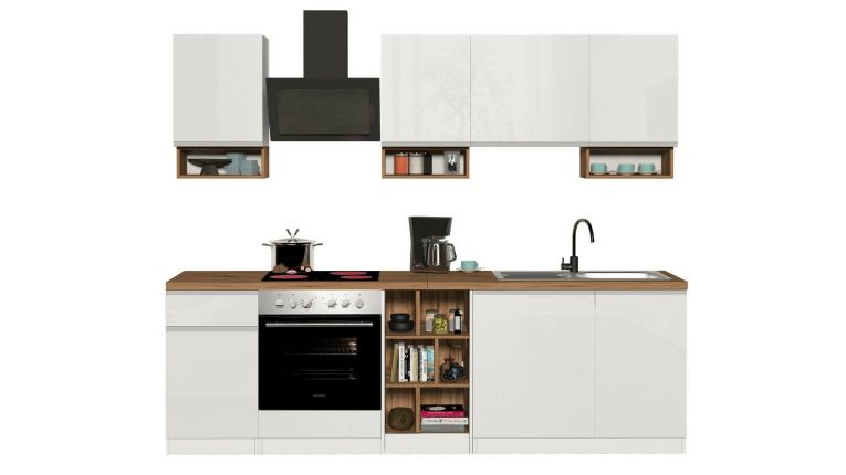 Cucina Bianco Lucido Marrone Rovere Con cassetti, Elettrodomestici non inclusi, Modulabile Made in Italy - Attimis
