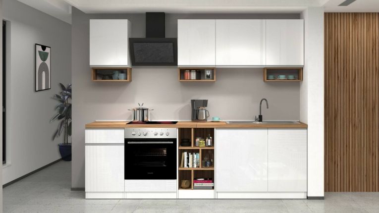 Cucina Bianco Lucido Marrone Rovere Con cassetti, Elettrodomestici non inclusi, Modulabile Made in Italy - Attimis