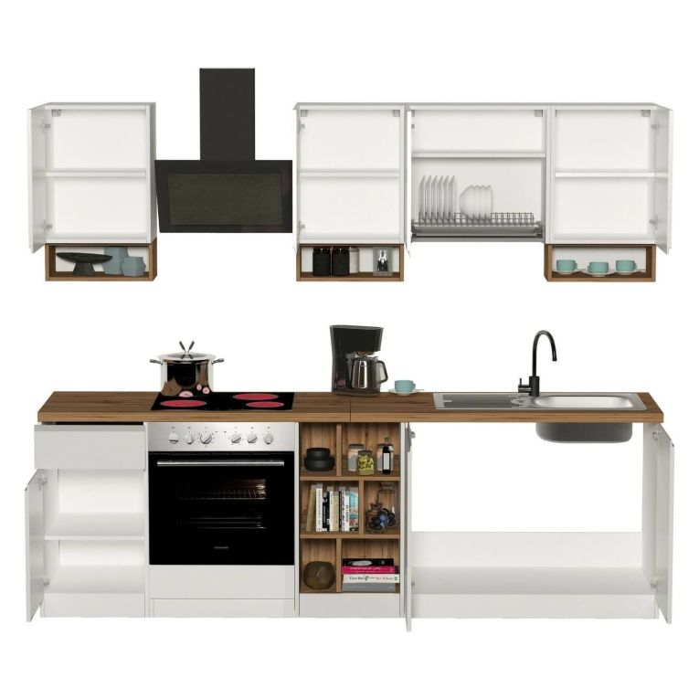 Cucina Bianco Lucido Marrone Rovere Con cassetti, Elettrodomestici non inclusi, Modulabile Made in Italy - Attimis