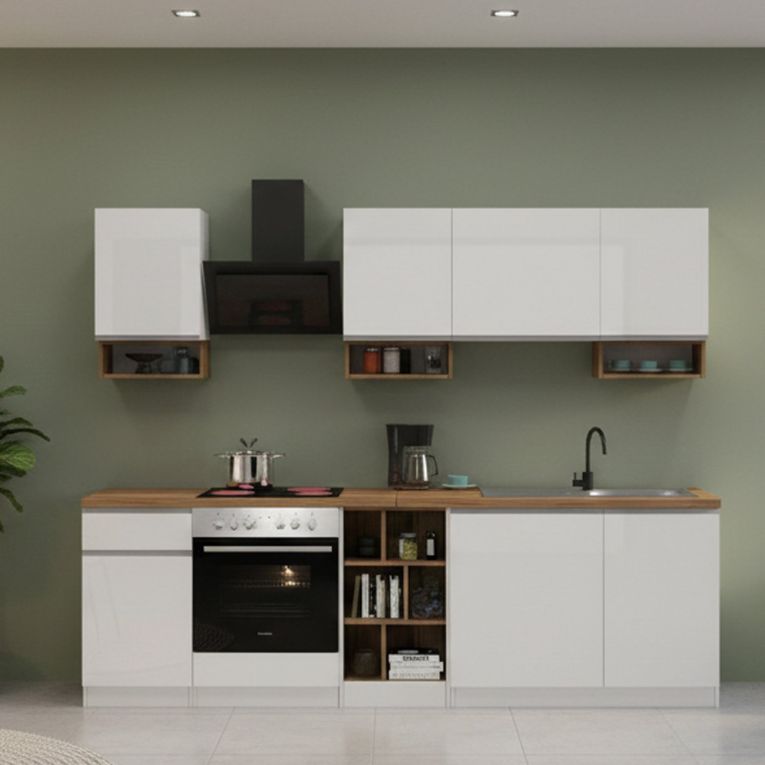 Cucina Bianco Lucido Marrone Rovere Con cassetti, Elettrodomestici non inclusi, Modulabile Made in Italy - Attimis