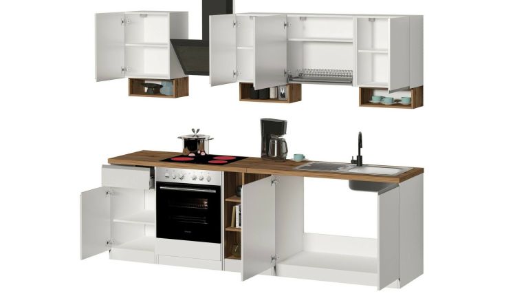 Cucina Bianco Lucido Marrone Rovere Con cassetti, Elettrodomestici non inclusi, Modulabile Made in Italy - Attimis