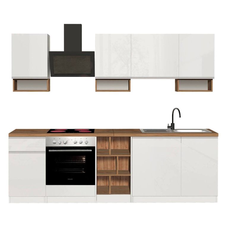Cucina Bianco Lucido Marrone Rovere Con cassetti, Elettrodomestici non inclusi, Modulabile Made in Italy - Attimis