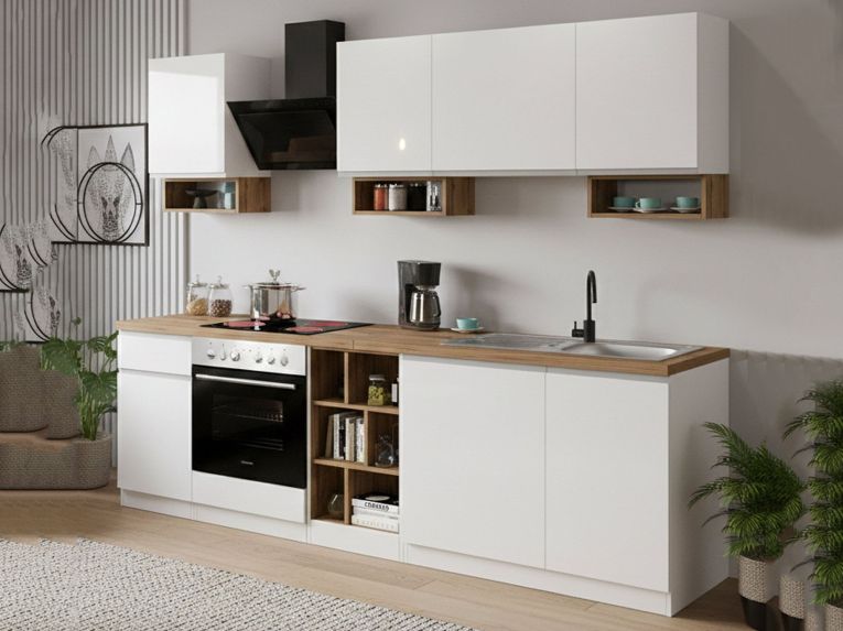Cucina Bianco Lucido Marrone Rovere Con cassetti, Elettrodomestici non inclusi, Modulabile Made in Italy - Attimis