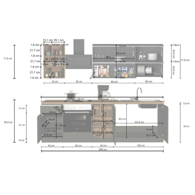 Cucina Bianco Lucido Marrone Rovere Con cassetti, Elettrodomestici non inclusi, Modulabile Made in Italy - Fonti