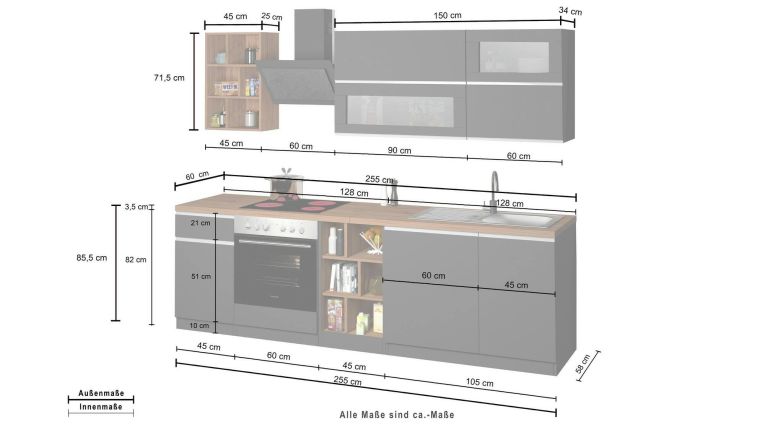 Cucina Bianco Lucido Marrone Rovere Con cassetti, Elettrodomestici non inclusi, Modulabile Made in Italy - Fonti