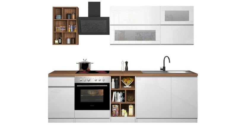 Cucina Bianco Lucido Marrone Rovere Con cassetti, Elettrodomestici non inclusi, Modulabile Made in Italy - Fonti