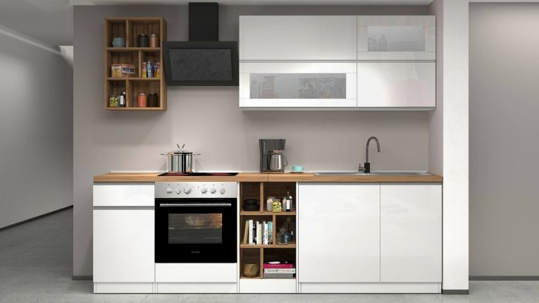 Cucina Bianco Lucido Marrone Rovere Con cassetti, Elettrodomestici non inclusi, Modulabile Made in Italy - Fonti