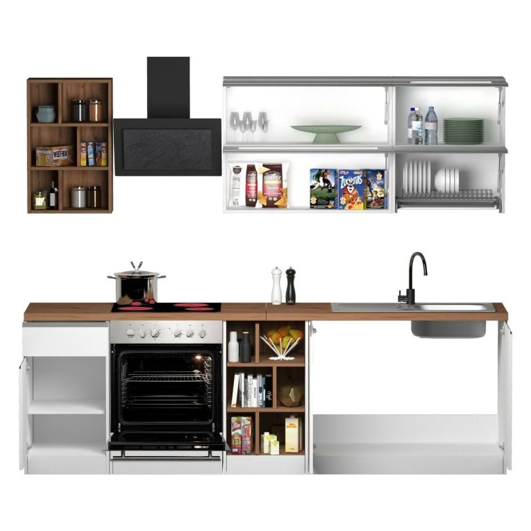 Cucina Bianco Lucido Marrone Rovere Con cassetti, Elettrodomestici non inclusi, Modulabile Made in Italy - Fonti
