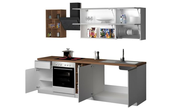 Cucina Bianco Lucido Marrone Rovere Con cassetti, Elettrodomestici non inclusi, Modulabile Made in Italy - Fonti