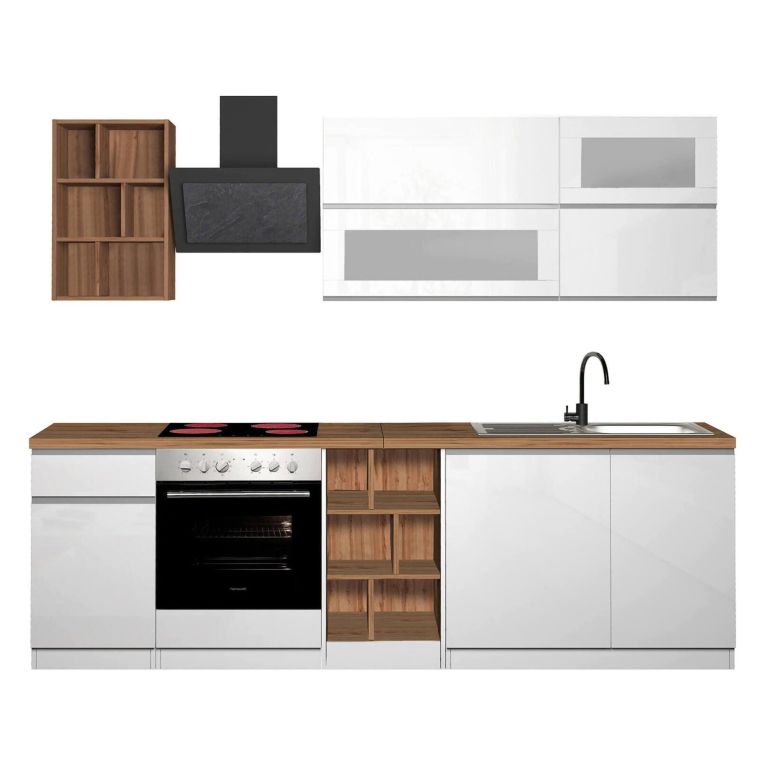 Cucina Bianco Lucido Marrone Rovere Con cassetti, Elettrodomestici non inclusi, Modulabile Made in Italy - Fonti