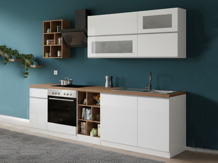 Cucina Bianco Lucido Marrone Rovere Con cassetti, Elettrodomestici non inclusi, Modulabile Made in Italy - Fonti