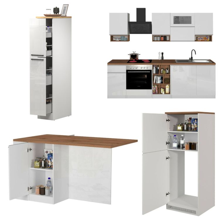 Cucina Bianco Lucido Marrone Rovere Modulabile Con cassetti, Elettrodomestici non inclusi, Made in Italy - Armend