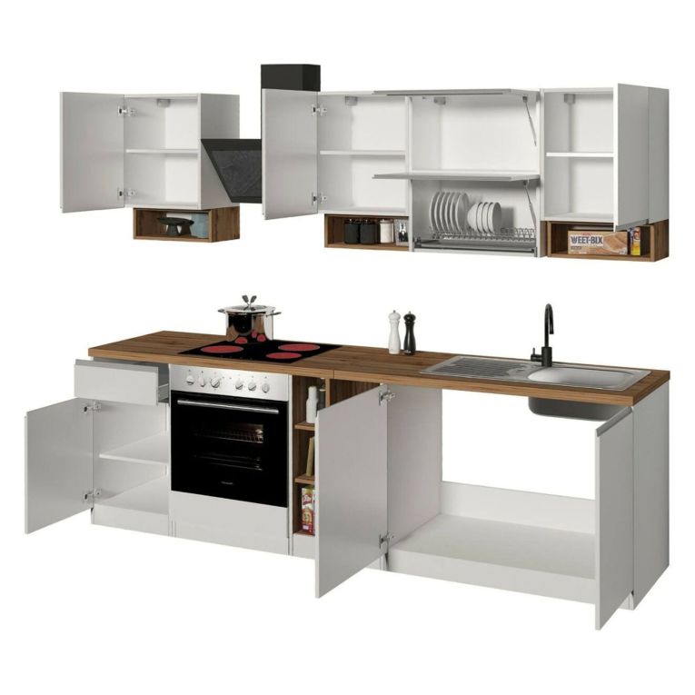 Cucina Bianco Lucido Marrone Rovere Modulabile Con cassetti, Elettrodomestici non inclusi, Made in Italy - Armend