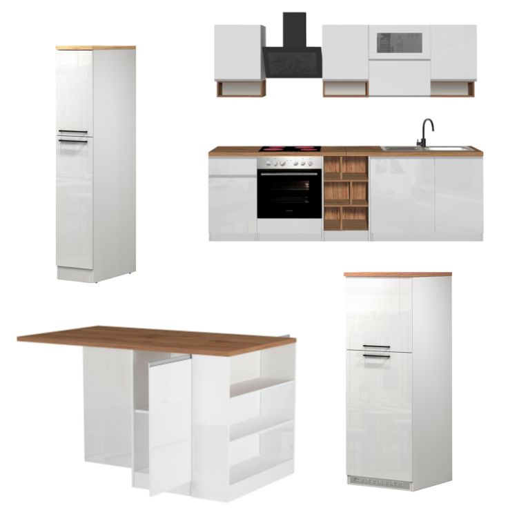 Cucina Bianco Lucido Marrone Rovere Modulabile Con cassetti, Elettrodomestici non inclusi, Made in Italy - Armend