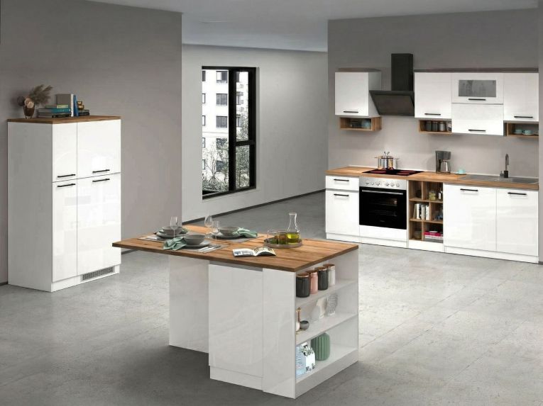 Cucina Bianco Lucido Marrone Rovere Modulabile Con cassetti, Elettrodomestici non inclusi, Made in Italy - Armend