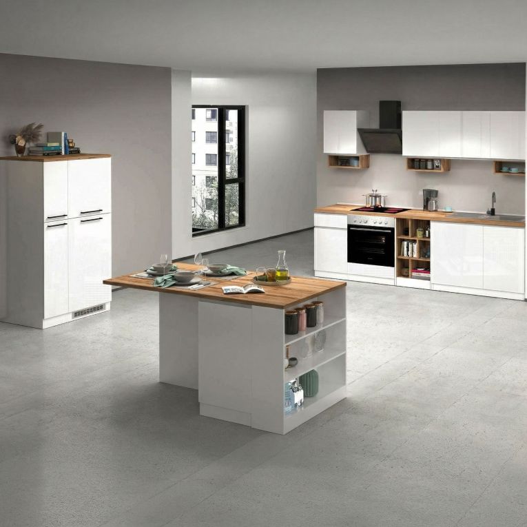 Cucina Bianco Lucido Marrone Rovere Set Con cassetti, Elettrodomestici non inclusi, Made in Italy - Armend
