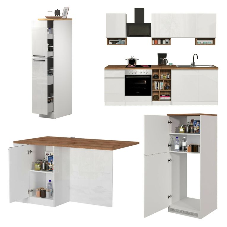 Cucina Bianco Lucido Marrone Rovere Set Con cassetti, Elettrodomestici non inclusi, Made in Italy - Armend