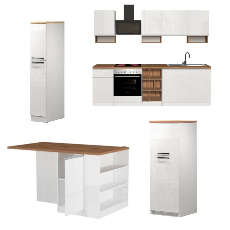 Cucina Bianco Lucido Marrone Rovere Set Con cassetti, Elettrodomestici non inclusi, Made in Italy - Armend