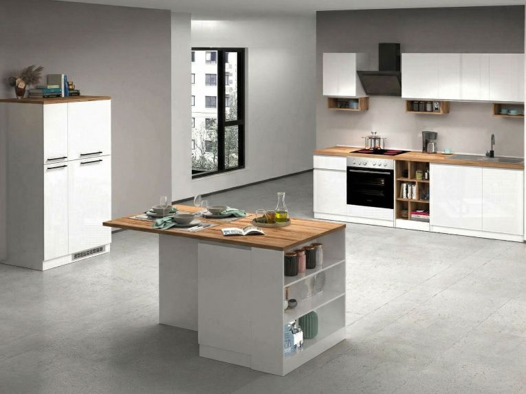 Cucina Bianco Lucido Marrone Rovere Set Con cassetti, Elettrodomestici non inclusi, Made in Italy - Armend