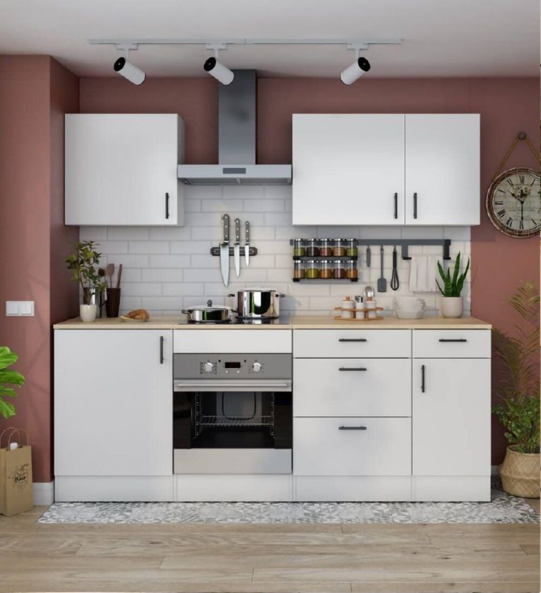 Cucina Bianco Marrone Rovere Con cassetti, Elettrodomestici non inclusi, Apertura Battente, Scorrevole - Moriantha