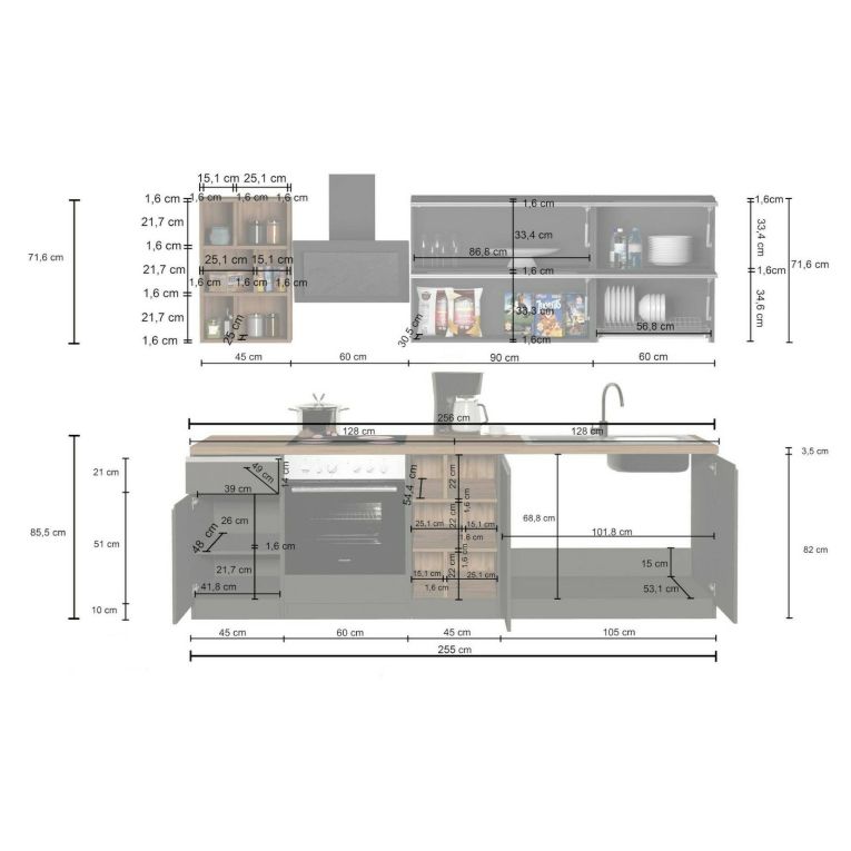 Cucina Grigio Ardesia Grigio Ardesia Con cassetti, Elettrodomestici non inclusi, Modulabile Made in Italy - Fonti